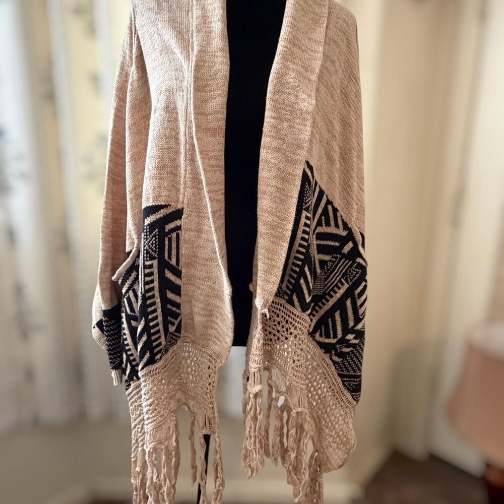 B-envied Boho Fringe Open Cardigan Aztec Tribal Knit Beige